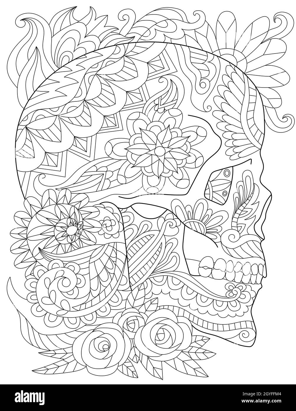 Crâne Tattoo dessin entouré de roses et de feuilles regardant dans la vue latérale. Banque D'Images