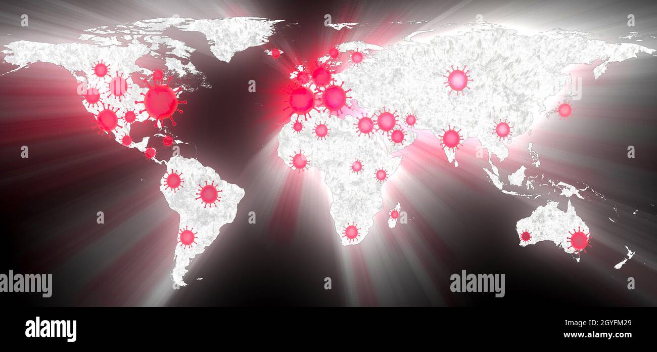 3D-Illustration d'une carte du monde montrant les points d'accès du virus corona covid-19 aux États-Unis et en Europe. Banque D'Images