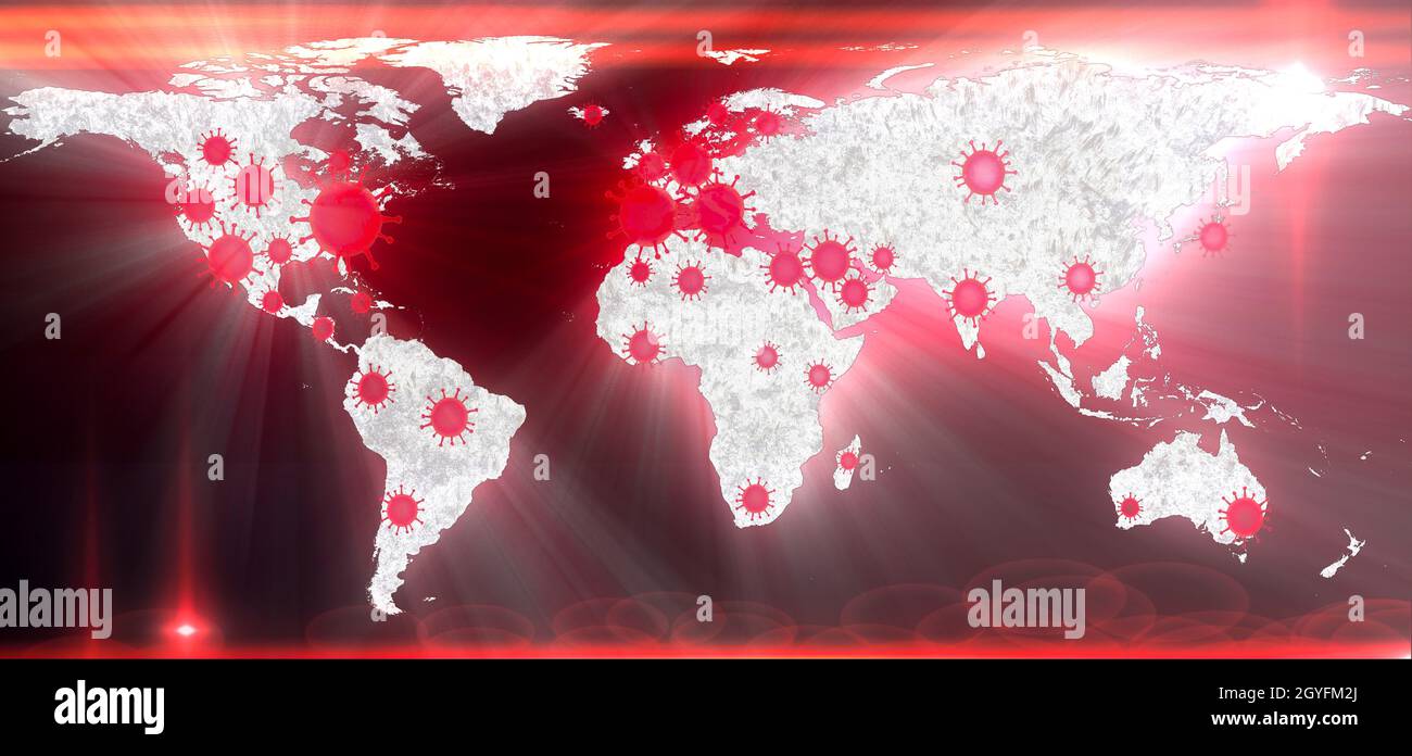 3D-Illustration d'une carte du monde montrant les points d'accès du virus corona covid-19 aux États-Unis et en Europe. Banque D'Images