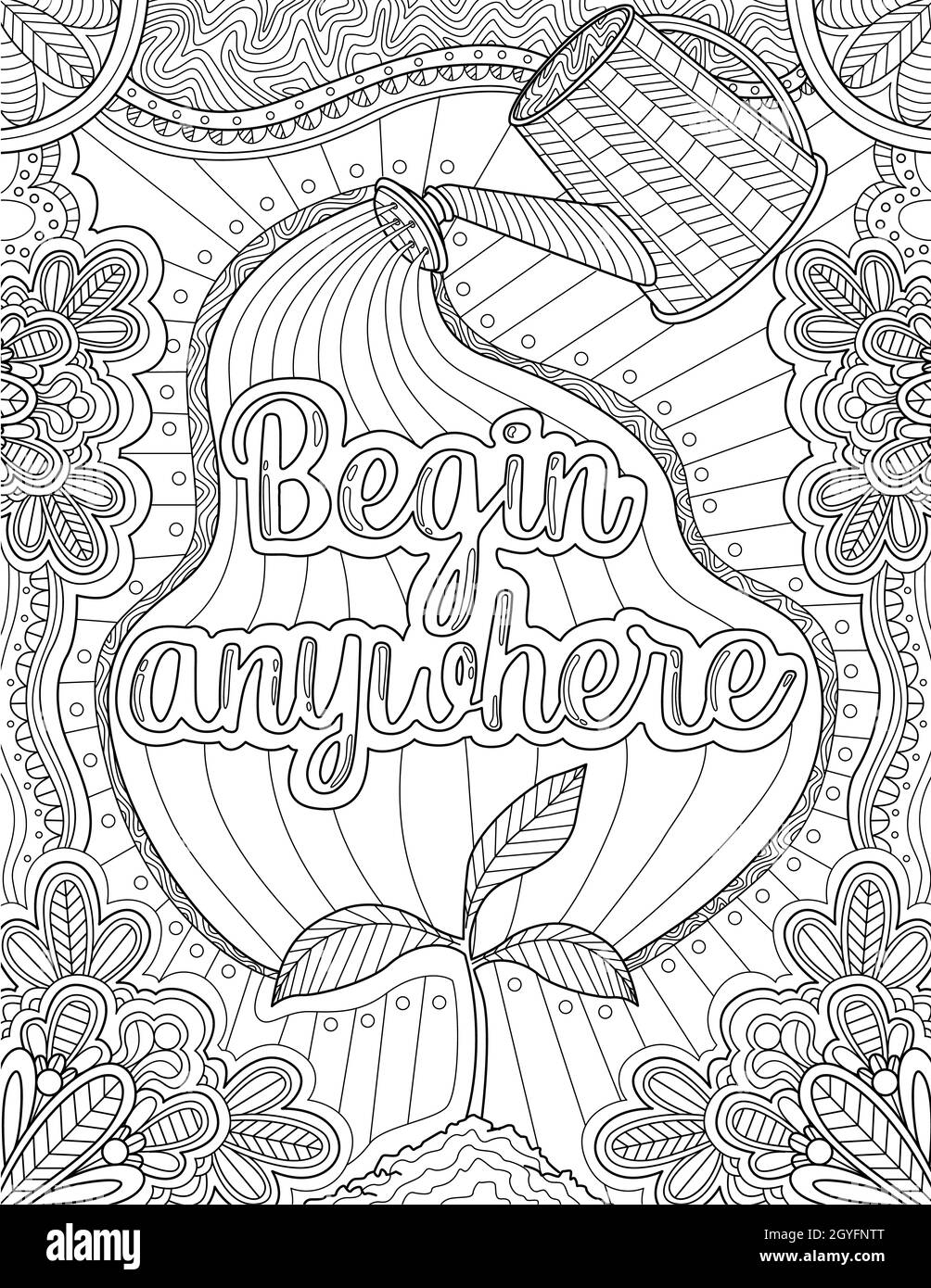 Mise en plan du pot d'arrosage verser message d'inspiration entouré de fleurs. Banque D'Images