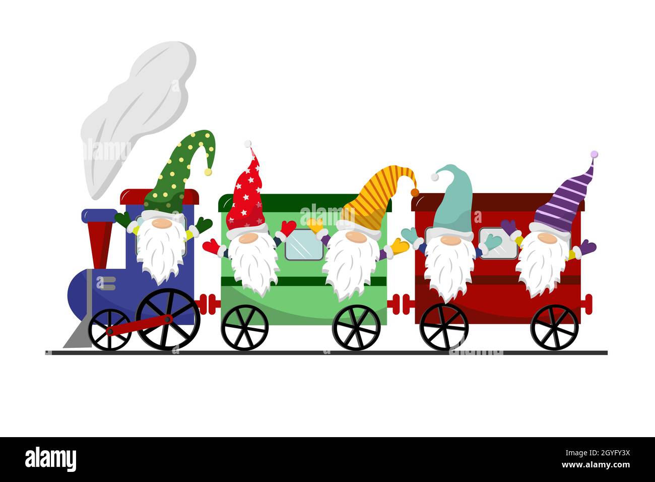 Les petits gnomes voyagent en train.Illustration vectorielle isolée sur fond blanc. Illustration de Vecteur