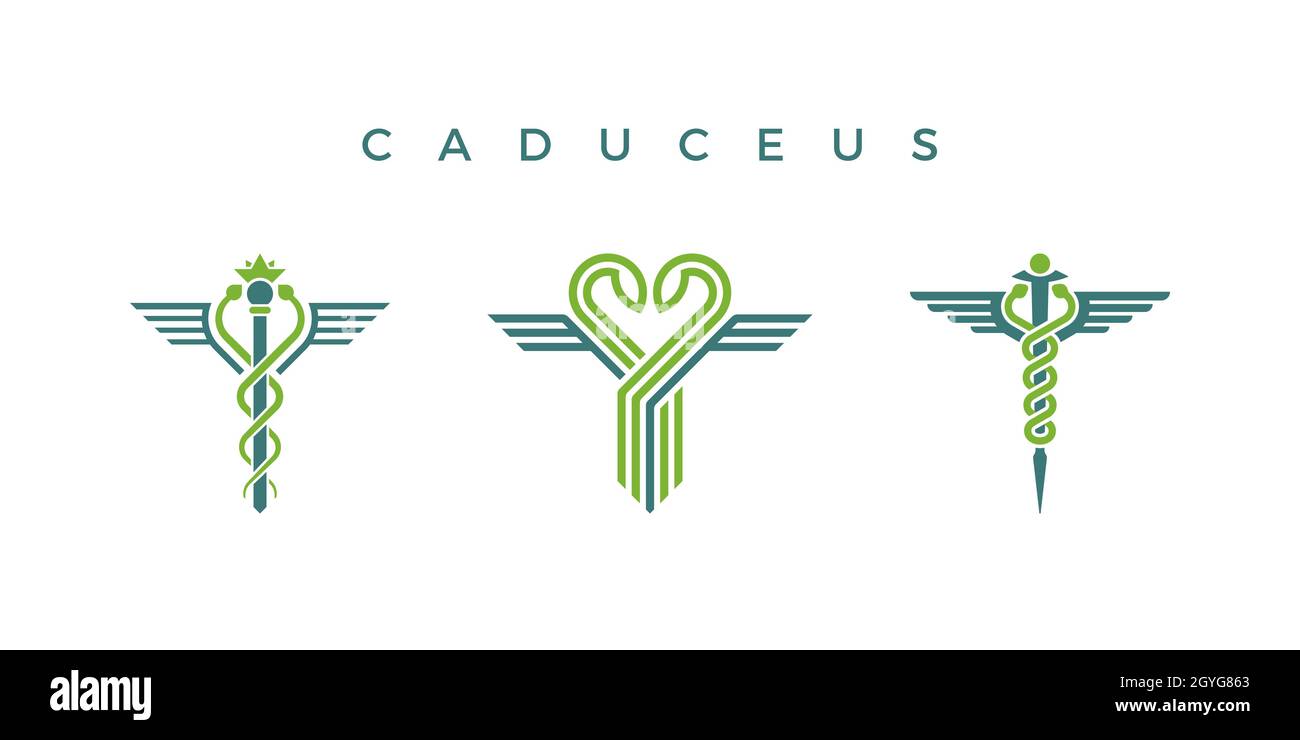 Caduceus isolé des icônes avec la forme des serpents, de la couronne et des ailes.Ensemble de logos vectoriels médicaux. Illustration de Vecteur