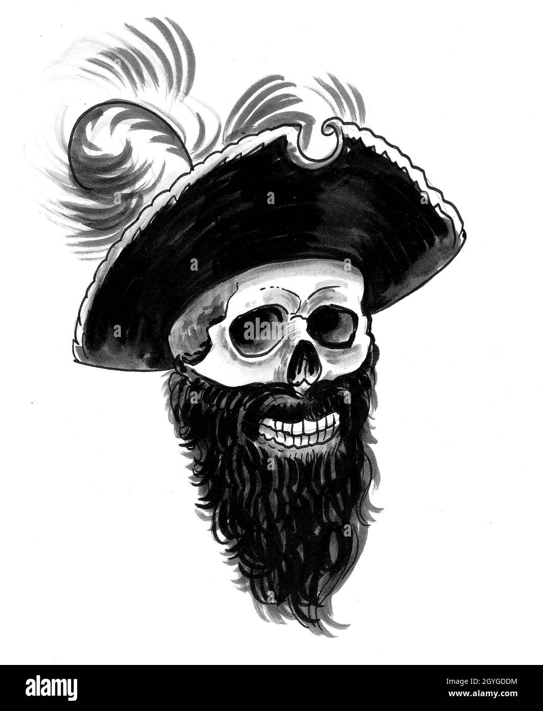 Crâne pirate en chapeau. Encre noir et blanc dessin Photo Stock - Alamy