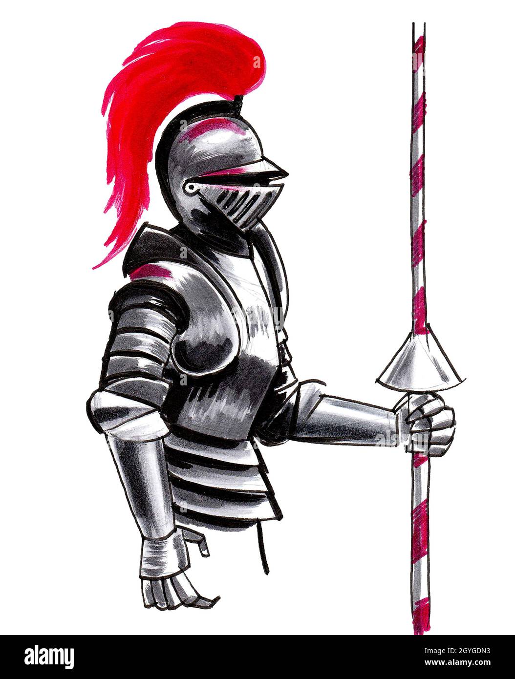 Blindage médiéval, chevalier avec lance-lance.Dessin à l'encre et aquarelle Banque D'Images