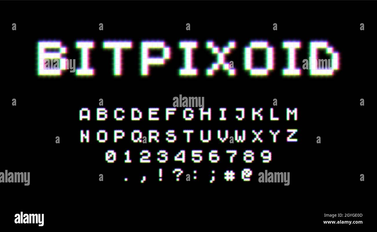 Style rétro des années 80 avec lueur néon.Jeu vidéo pixel police 8 bits.Jeu de caractères latins majuscules, chiffres et signes de ponctuation de style rétro Illustration de Vecteur