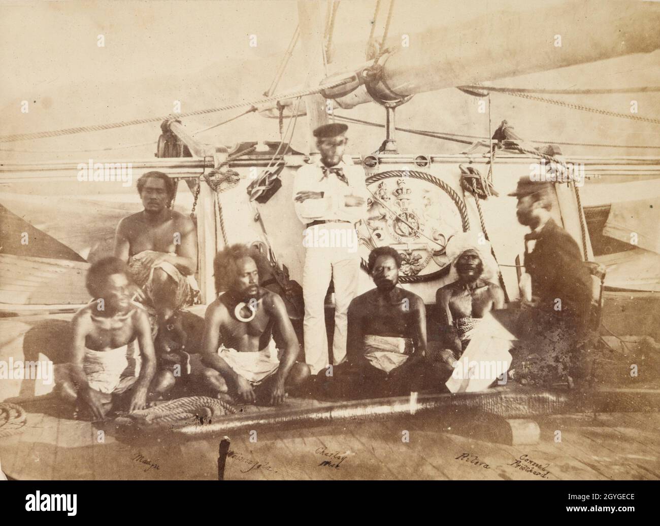 Une conférence entre les chefs fidjiens et Tonguais à bord de SS Pelorus, à Mathuata, Vana Leon, Fidji.Consul Pritchard assis à droite, vers 1861 Banque D'Images