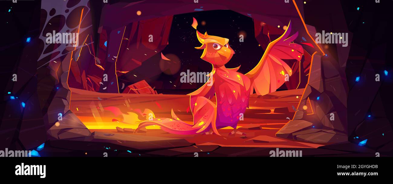 Phoenix ou fenix feu personnage de dessin animé d'oiseau dans une grotte souterraine avec une flamme brûlante.Fantaisie créature magique, animal folklorique de conte de fées, symbole de l'immortalité et renaître à partir de l'illustration vectorielle de cendres Illustration de Vecteur