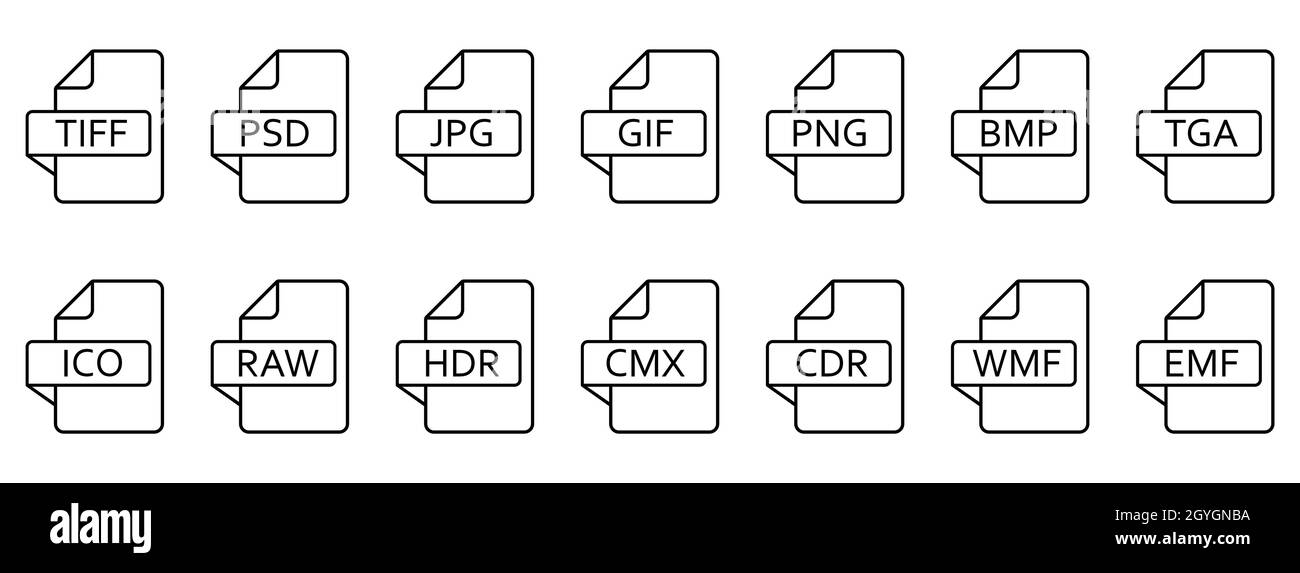 Icône formats de fichier image. Ensemble d'icônes de ligne de différents formats d'image. Icônes de fichier image. Illustration vectorielle. Illustration de Vecteur
