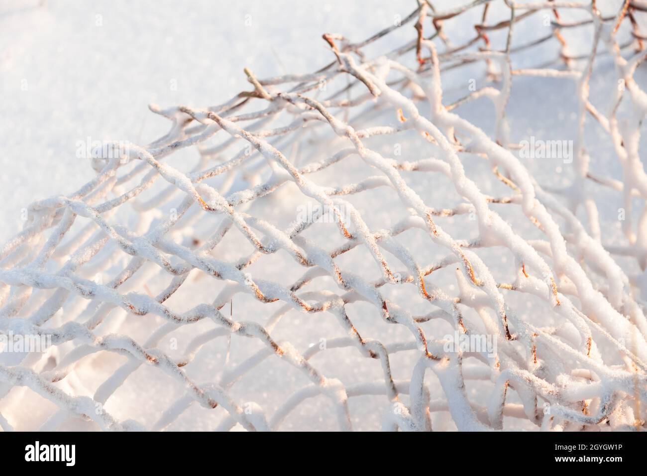 Photo d'hiver abstraite avec cage de clôture rouillée Rabitz couvrant de la neige blanche par une journée ensoleillée.Clôture brisée dans un village russe abandonné Banque D'Images