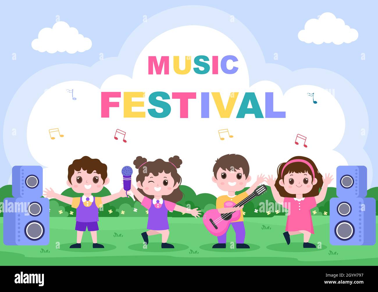 Festival de musique scénario Illustration avec instruments de musique et spectacle de chant en direct pour modèle d'affiche, de bannière ou de brochure Illustration de Vecteur