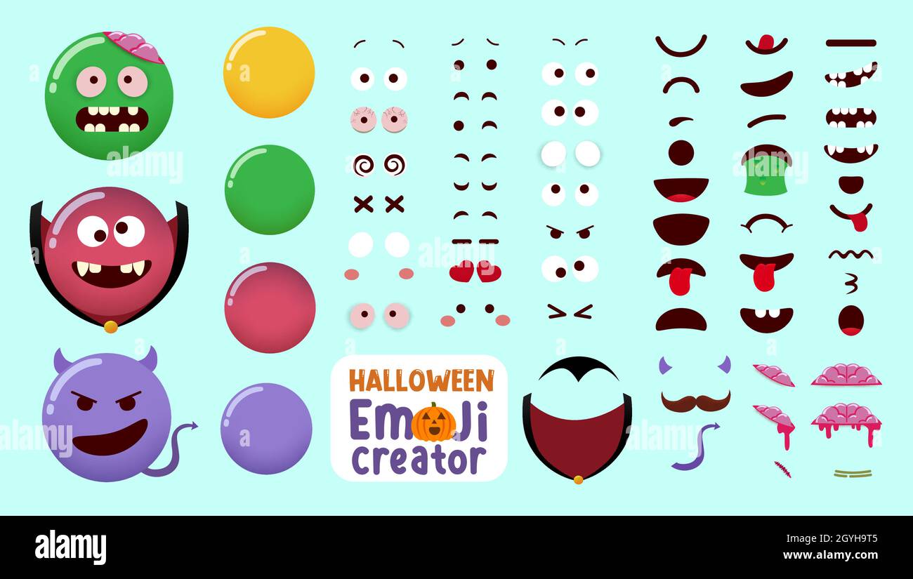 Kit de créateur de vecteur emoji Halloween.Jeu de personnages Smileys en costume de monstre zombie, vampire et diable avec parties de visage modifiables pour les personnages d'horreur. Illustration de Vecteur
