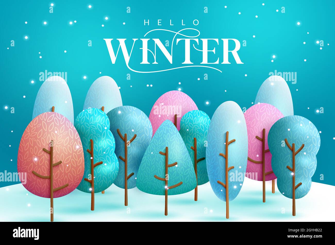 Motif arbres d'hiver.Bonjour hiver texte de salutation avec mignon et coloré Doodle forme arbre dans la forêt neigeuse terre pour la neige messages de saison bannière. Illustration de Vecteur