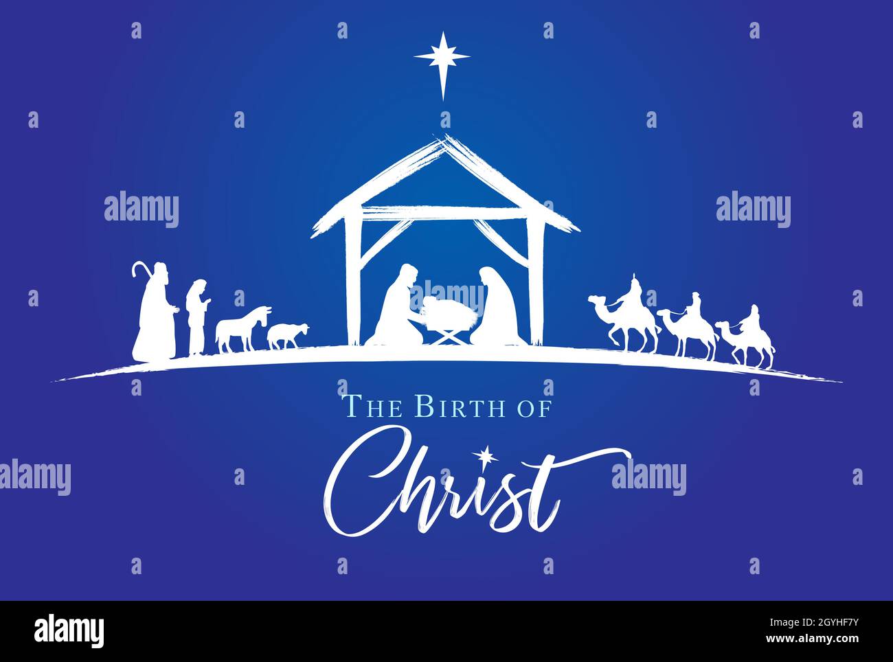 Scène de Nativité silhouette blanche Jésus en berger et en sage de manger sur fond bleu.La naissance du Christ carte de lettrage vectoriel.L'histoire de Noël Illustration de Vecteur