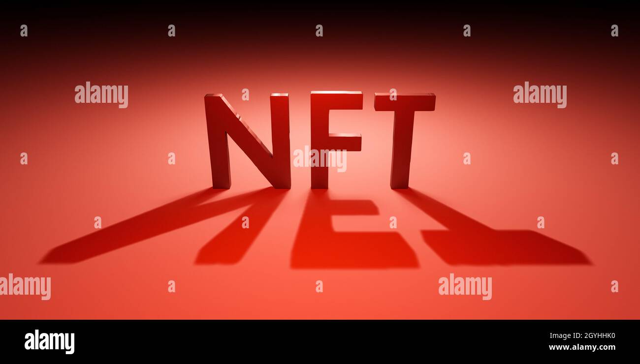 NFT (jeton non fongible) mot et lettres en rouge, illustration 3D conceptuelle avec éclairage et ombres Banque D'Images