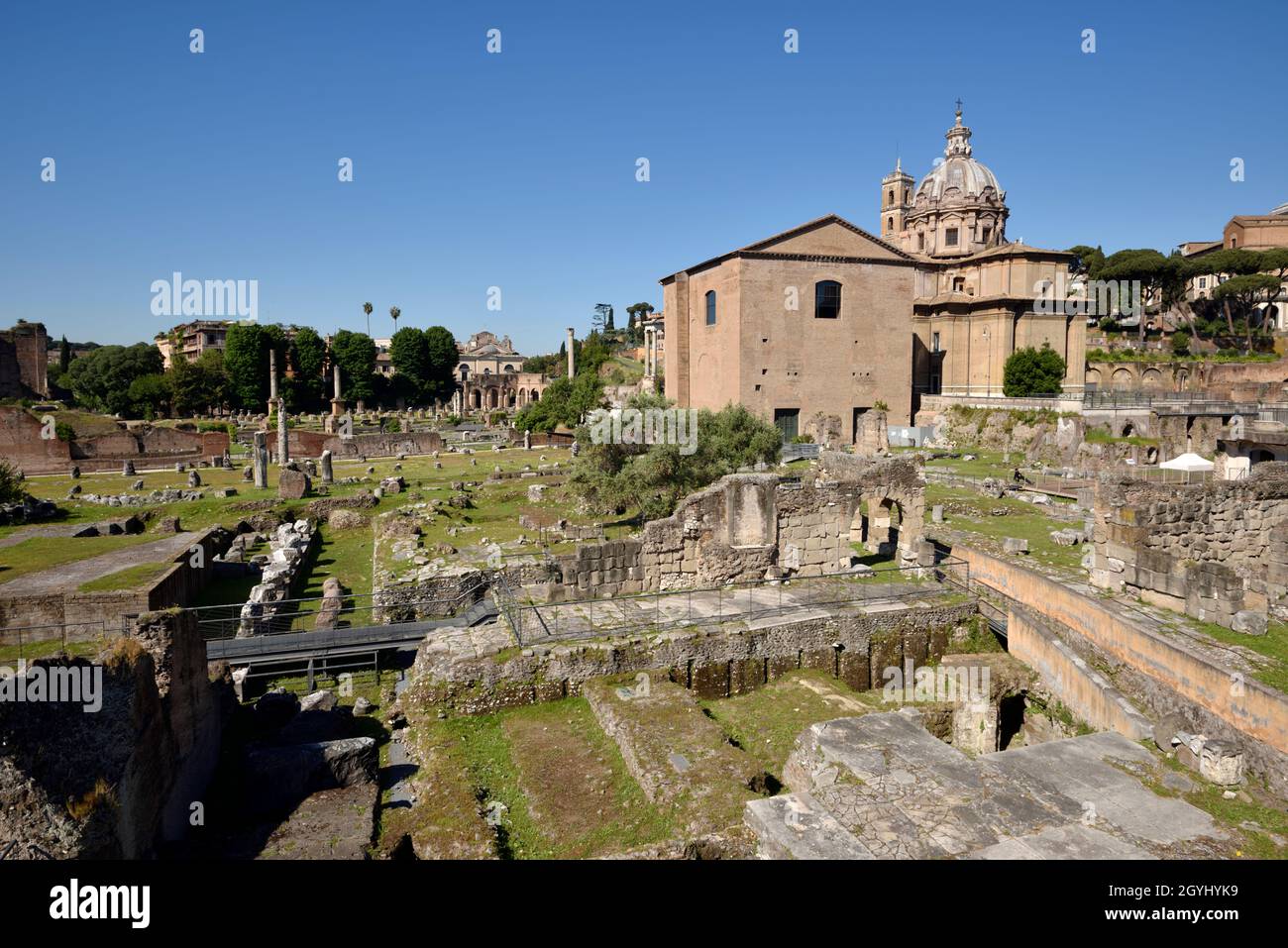 Italie, Rome, Forum romain, Foro della Pace (Forum de la paix) et Curia Julia (ancien Sénat romain) Banque D'Images