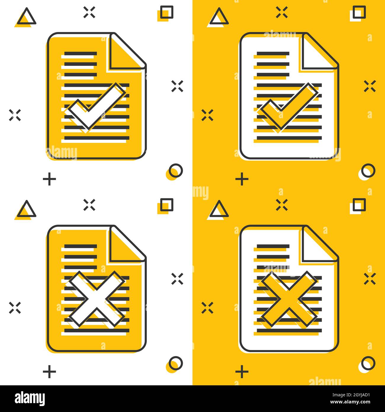 Documenter l'icône acceptée et endommagée en style de bande dessinée. Illustration correcte et brisée du vecteur de dessin animé sur fond blanc isolé. Vérifier l'effe du message Splash Illustration de Vecteur