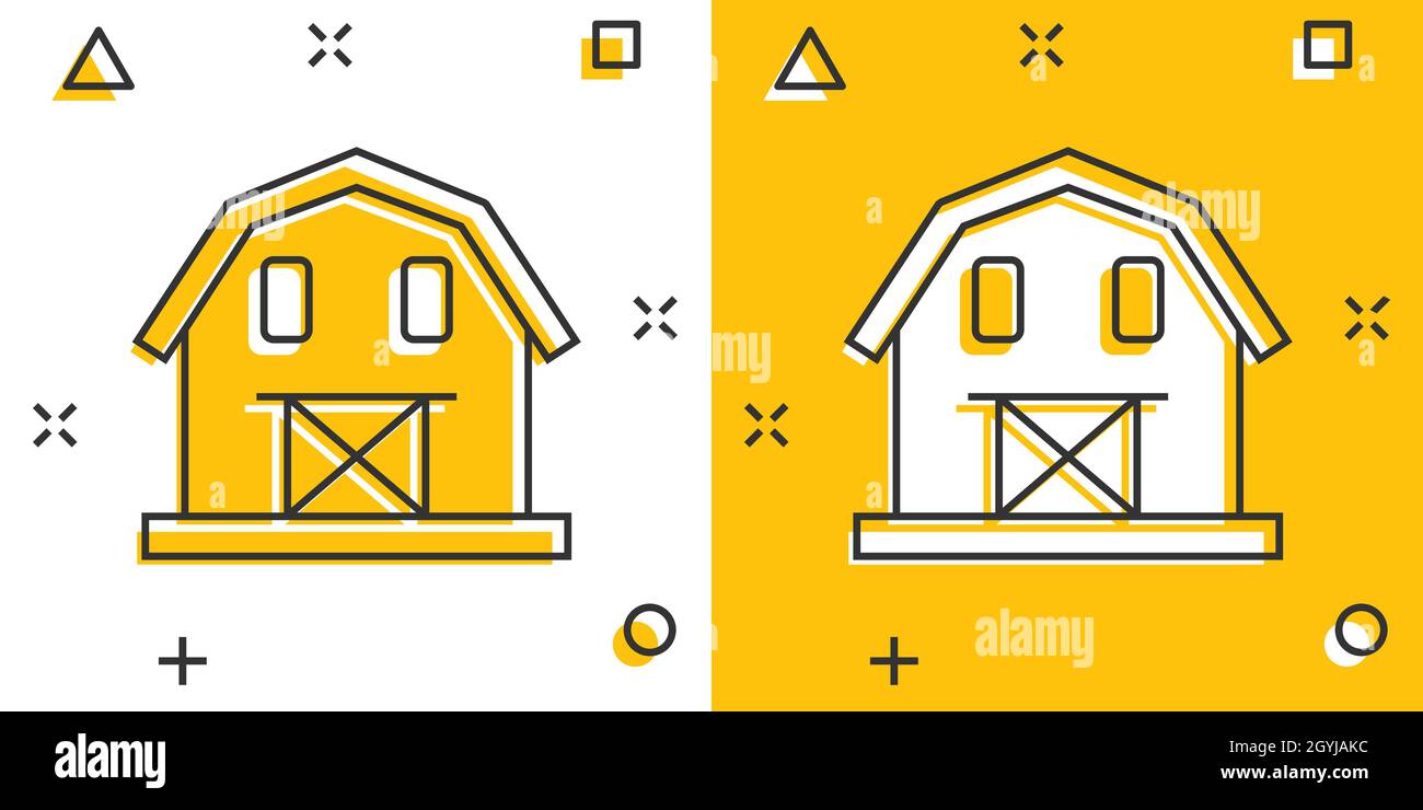 Icône grange dans le style comique. Illustration vectorielle de la maison de ferme sur fond blanc isolé. Agriculture entrepôt effet de destruction concept d'affaires. Illustration de Vecteur