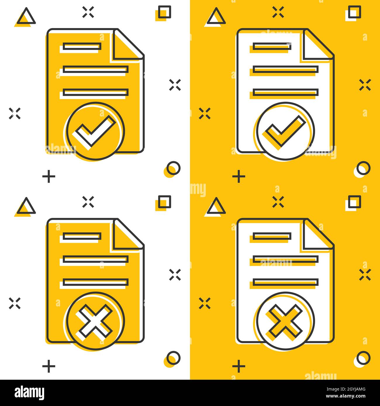 Documenter l'icône acceptée et endommagée en style de bande dessinée. Illustration correcte et brisée du vecteur de dessin animé sur fond blanc isolé. Vérifier l'effe du message Splash Illustration de Vecteur