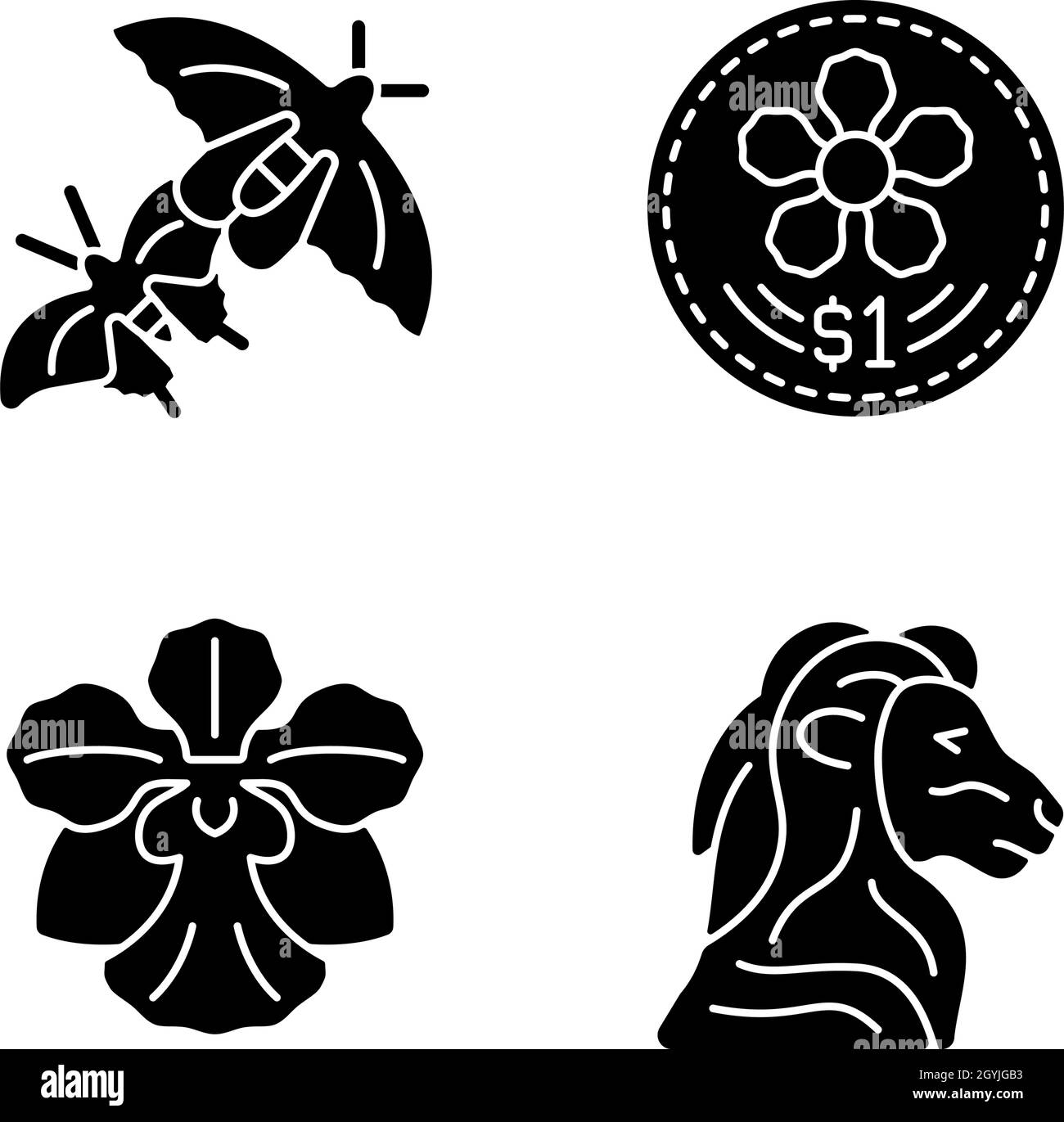 L'animal national et la fleur des icônes de glyphe noir de Singapour sur l'espace blanc Illustration de Vecteur