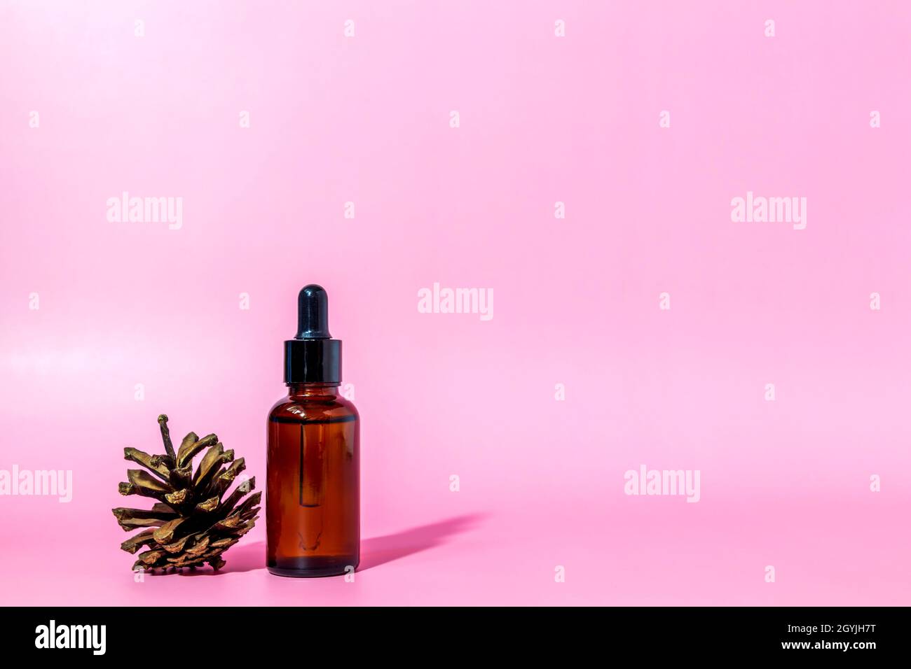 Flacon de sérum en verre brun avec pipette et cône de pin sur fond rose avec espace de copie. Soins du corps sérum soins cosmétiques pour la peau. Vue de face avec espace de copie. Maquette d'un produit cosmétique. Banque D'Images