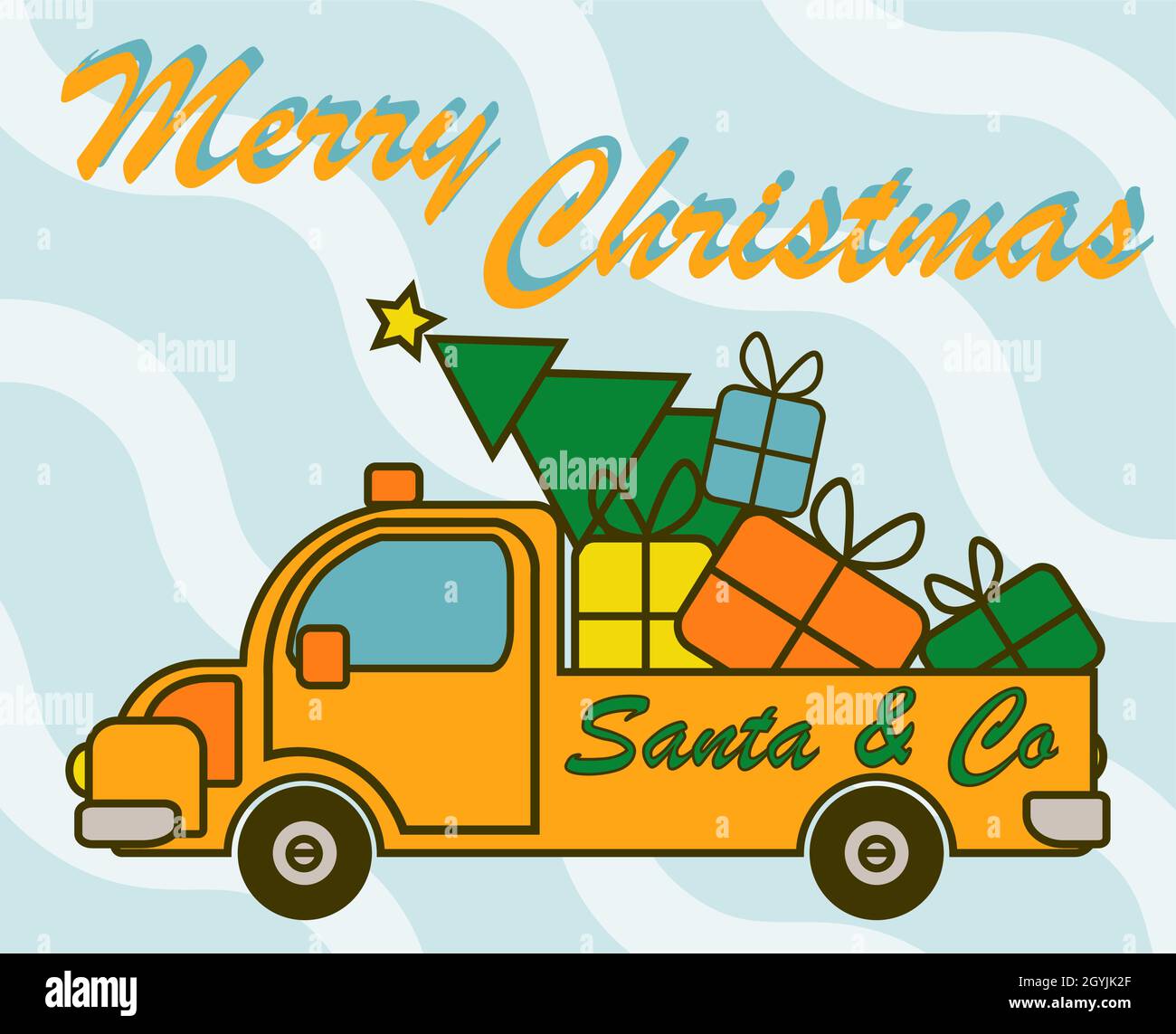 Le Père Noël apporte ses cadeaux de voiture jaune et son arbre de Noël Illustration de Vecteur
