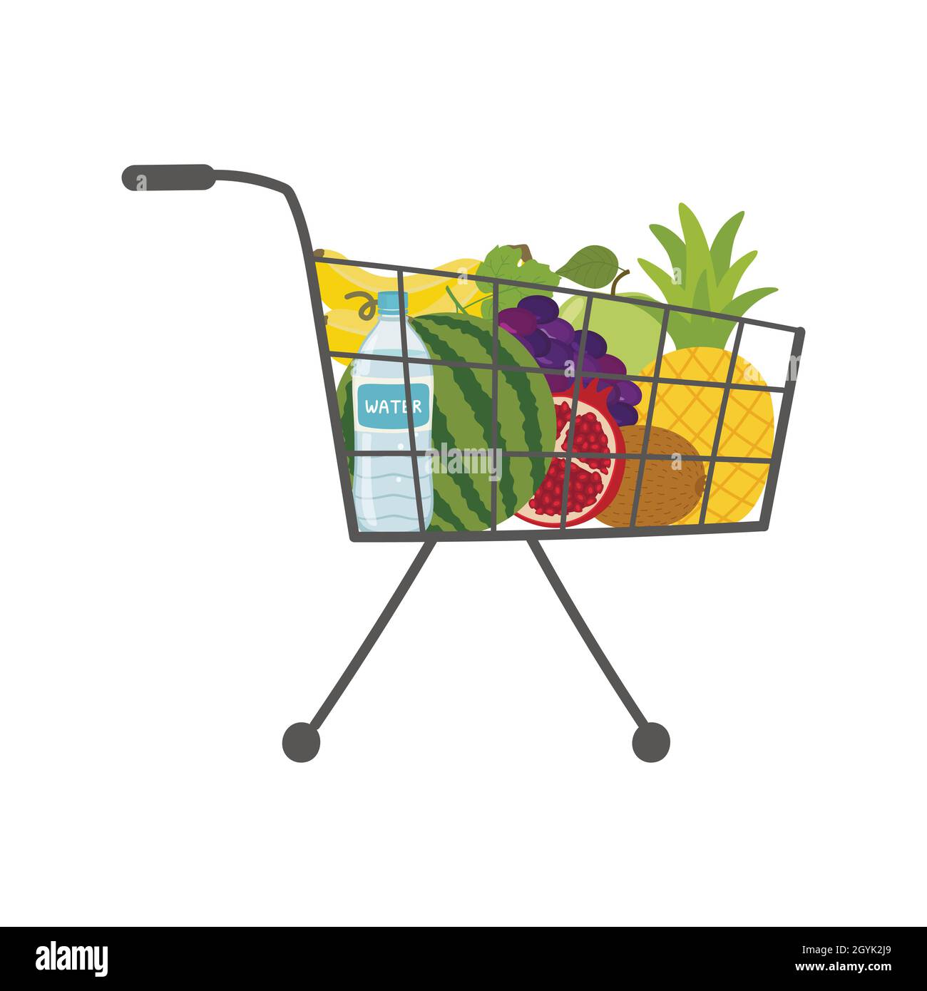 Chariot de supermarché avec eau et fruits. Illustration de Vecteur