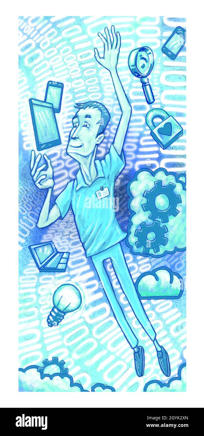 Illustration concept-art de l'infirmière masculine entourée d'appareils numériques représentant les outils de santé numériques, les applications de santé en télésanté dans le milieu hospitalier/GP Banque D'Images