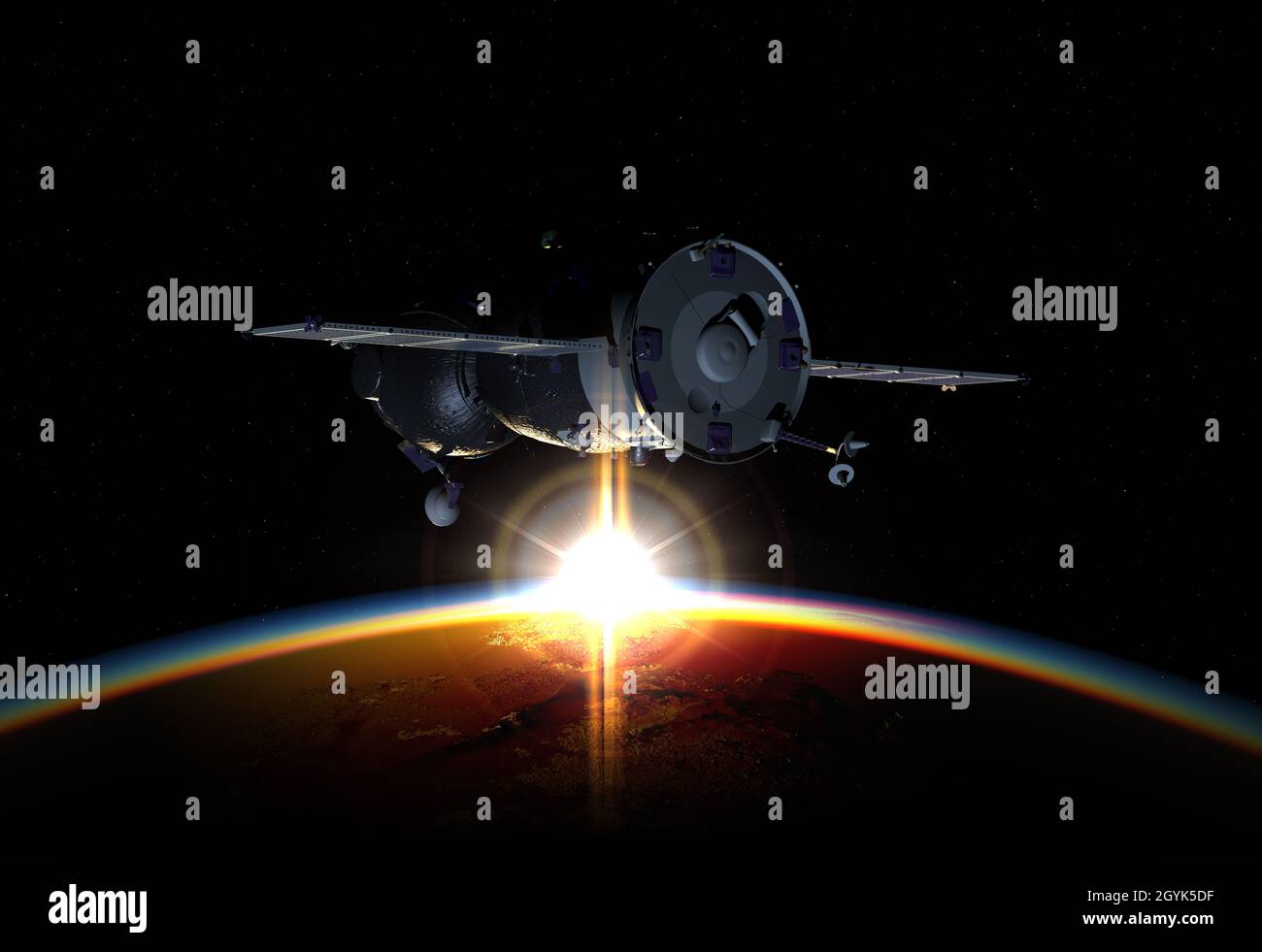 Vaisseau spatial sur l'orbite de la Terre.arrière-plan de rendu 3d.Illustration 3D Banque D'Images