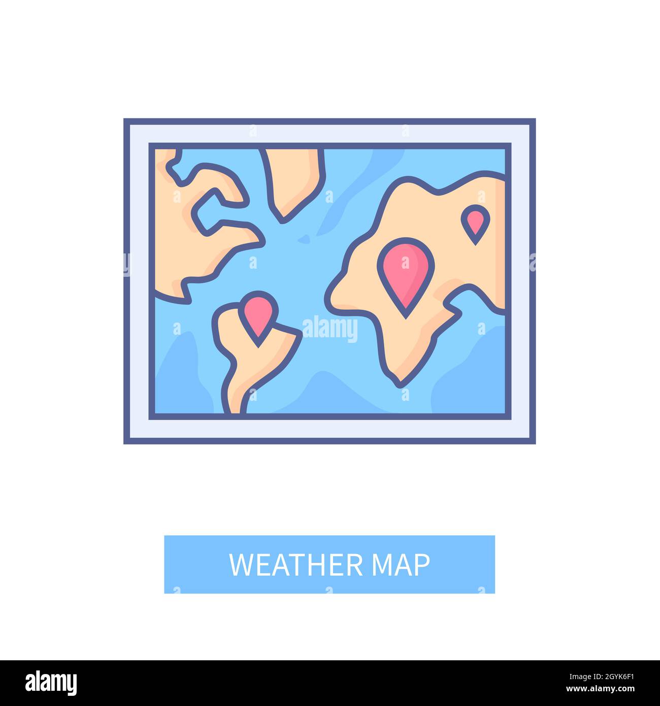 Carte météo - icône de style moderne sur fond blanc.Image nette et détaillée d'une image murale ou d'un écran de télévision avec continents, océan et LO marqué Illustration de Vecteur