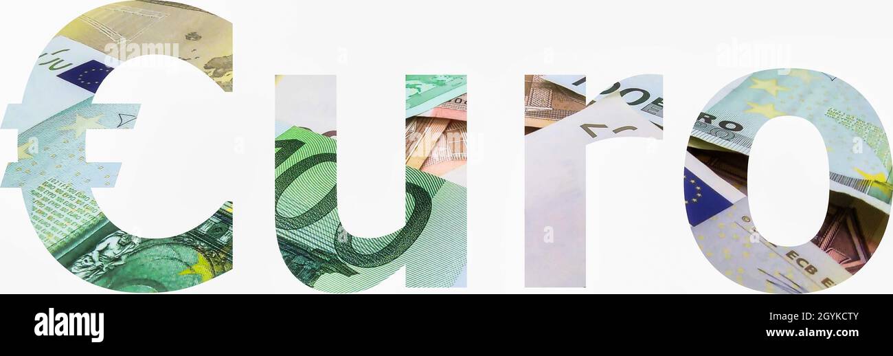 Symbole de l'euro avec billets à l'intérieur sur fond blanc Banque D'Images
