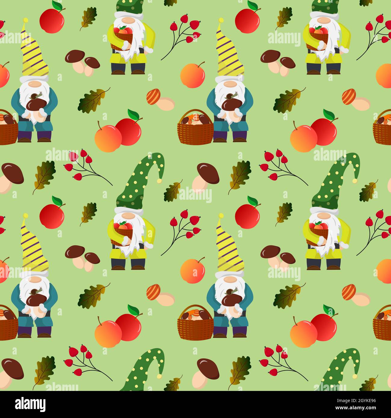 Forêt de petits gnomes avec des pommes et des champignons.Motif sans couture. Illustration de Vecteur