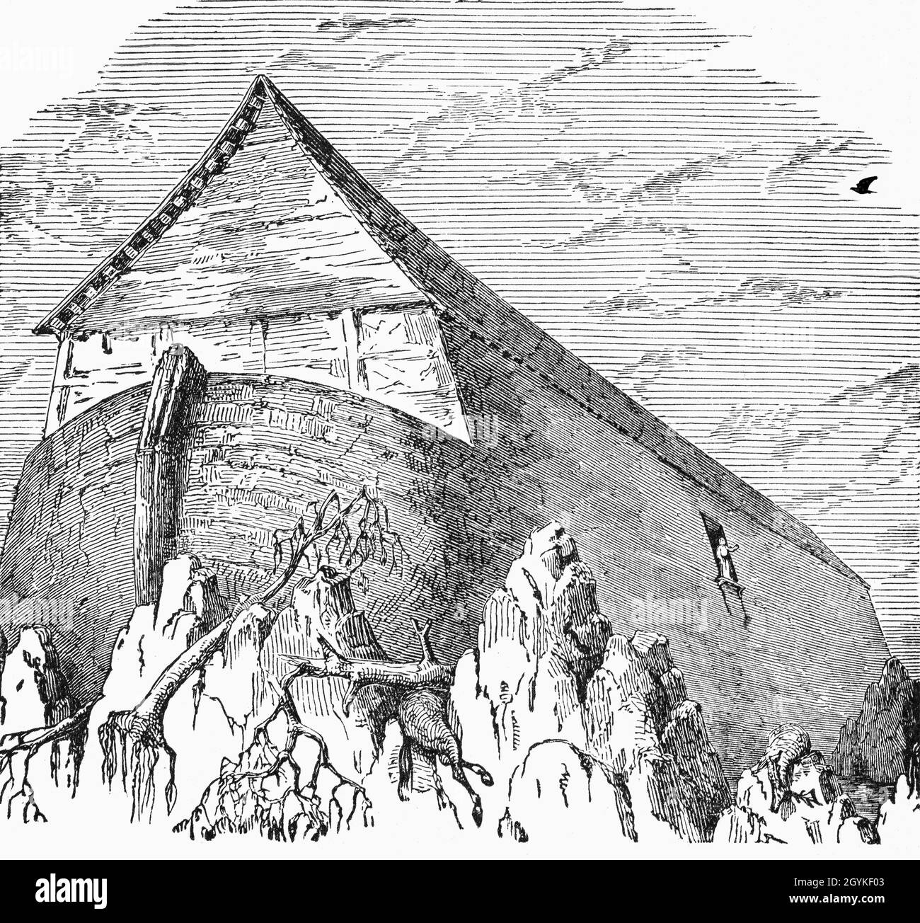 Illustration de la fin du XIXe siècle du Livre de la Genèse de la colombe revenant à l'Arche, sur le mont Ararat, à l'est de la Turquie.Le navire a été construit par Noé, un descendant de neuvième génération d'Adam et Eve.Selon la bible, Dieu a informé Noé de ses plans d'éradication de l'humanité à cause de leurs mauvaises manières, et lui a demandé de construire une arche, dans laquelle lui et sa famille et quelques créatures de chaque espèce devaient se réfugier.La pluie a commencé à tomber et a continué pendant quarante jours et quarante nuits, jusqu'à ce que la terre soit entièrement submergée. Banque D'Images