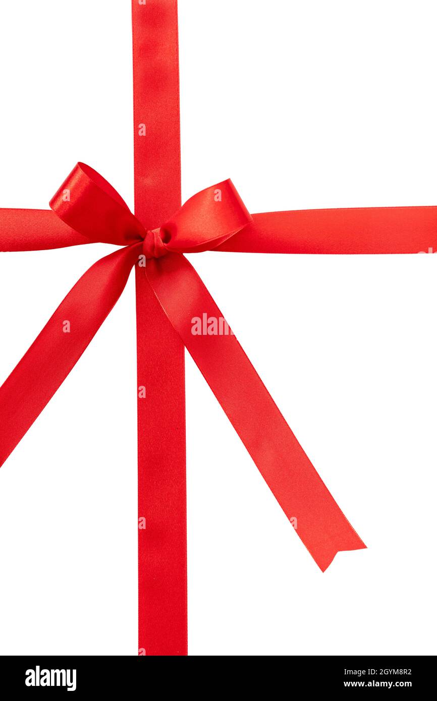 Ruban rouge avec noeud cadeau de Noël satin décoration curly, isolé sur fond blanc.Saint-Valentin, cadeau de vacances élément design, vue du dessus. Banque D'Images