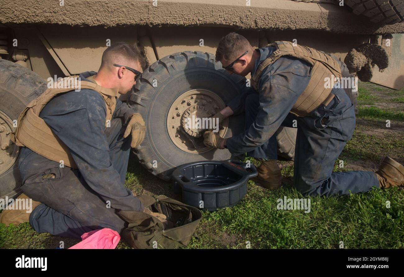 U.S. Marines PFC.Nicholas Miller, à gauche, et PFC.Kieran O’Brien, tous deux étudiants de la Light Armored reconnaissance Training Company, Bataillon d’instruction d’infanterie avancée, School of Infantry - West,Effectuer des vérifications et des services de maintenance préventive sur un véhicule blindé léger VBL-25 lors de l’examen des compétences du conducteur du LAR Marine course 2-20 dans la zone d’entraînement Romeo 2 du camp de base du corps de Marine, Pendleton, Californie, le 30 janvier 2020.La mission du LRTC est de former des hommes de reconnaissance blindés légers d'entrée de gamme dans l'emploi tactique du VBL.Miller est originaire d'Eatonton, en Géorgie.O’Brien est Banque D'Images