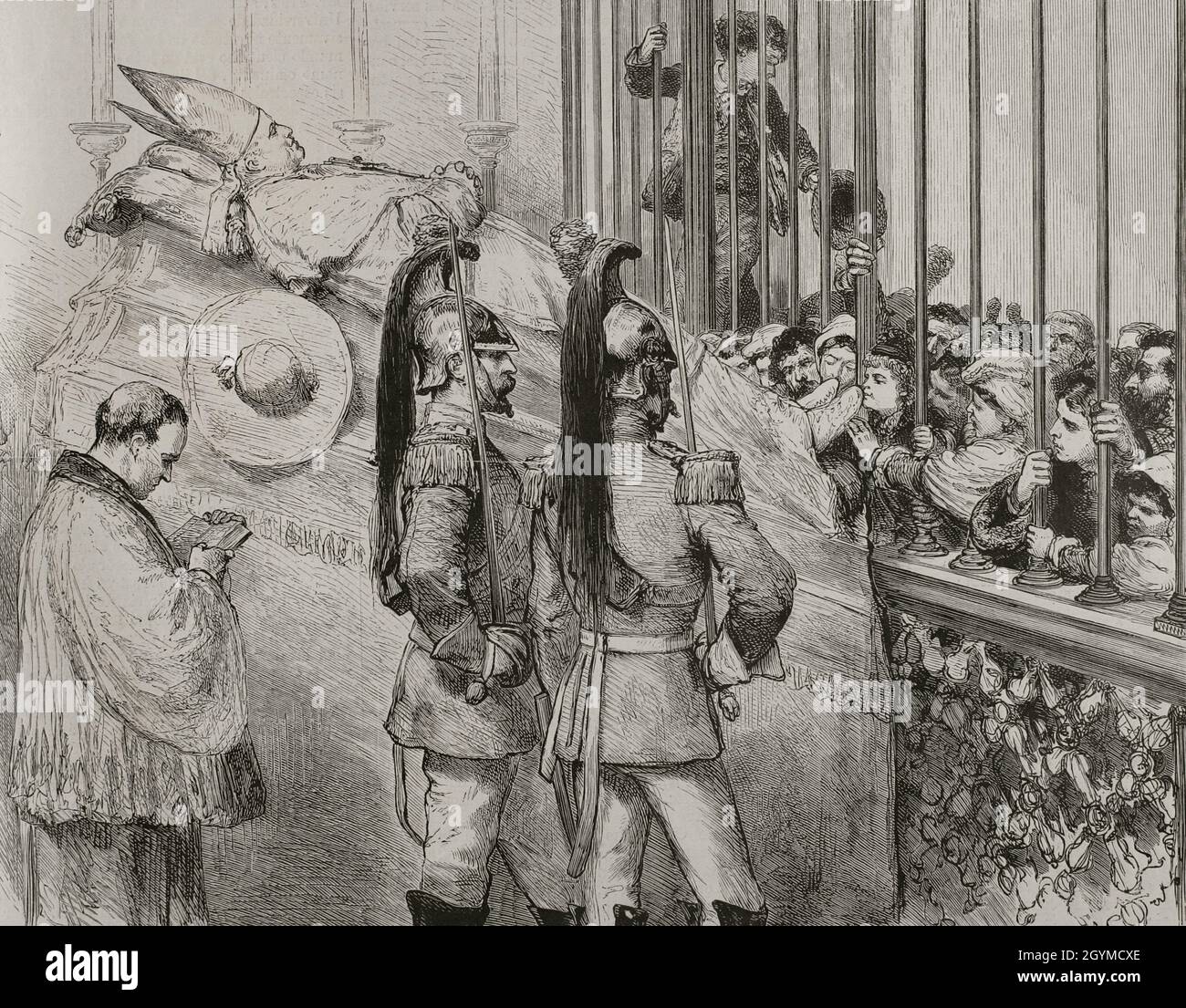 Pie IX (1792-1878).Pape italien (1846-1878).Né Giovanni Maria Mastai Ferretti.Funérailles du Pape Pie IX à Rome.Intérieur de la Chapelle du Saint-Sacrement à Saint-Pierre.Faithfuls embrassant les sandales du Pape.Gravure.La ilustración Española y Americana, 1878. Banque D'Images