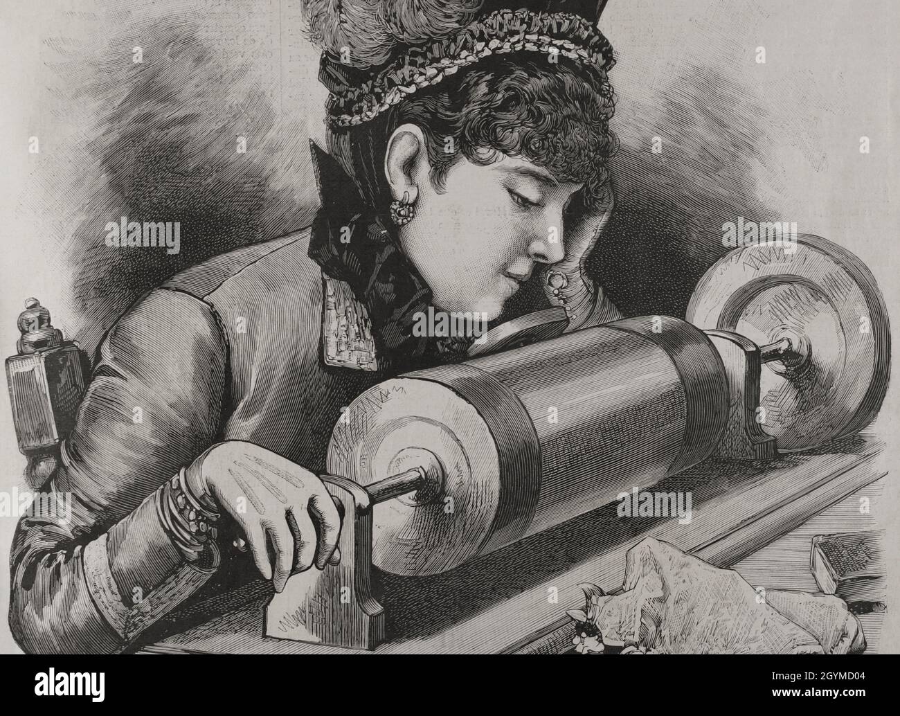 Histoire de la musique.New York, États-Unis.Un chant prima donna en utilisant le récepteur phonographe d'Edison.Gravure.La Ilustración Española y Americana, 1878. Banque D'Images