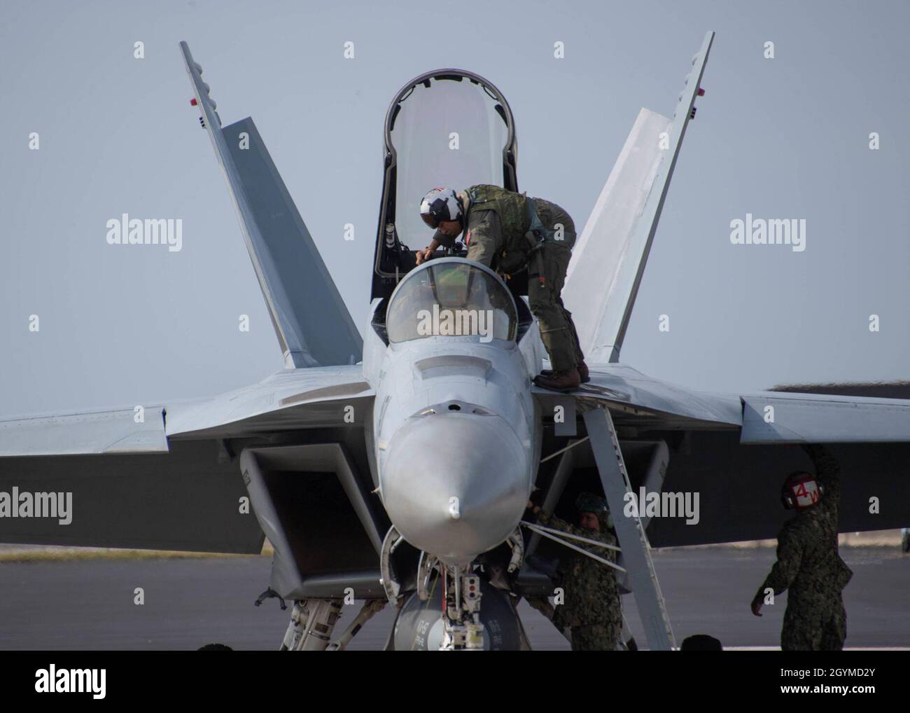 Un F/A-18e Super Hornet affecté aux « vigilantes » du Strike Fighter Squadron (VFA) 151 arrive à la base aérienne de la réserve Homestead, à Homestead, en Floride. VFA 151 fait partie du survol conjoint du Super Bowl LIV.U.S. Navy photo par Mass communication Specialist 2e classe Chelsea D. Meiller (sortie) 200131-N-GR718-0101 Banque D'Images