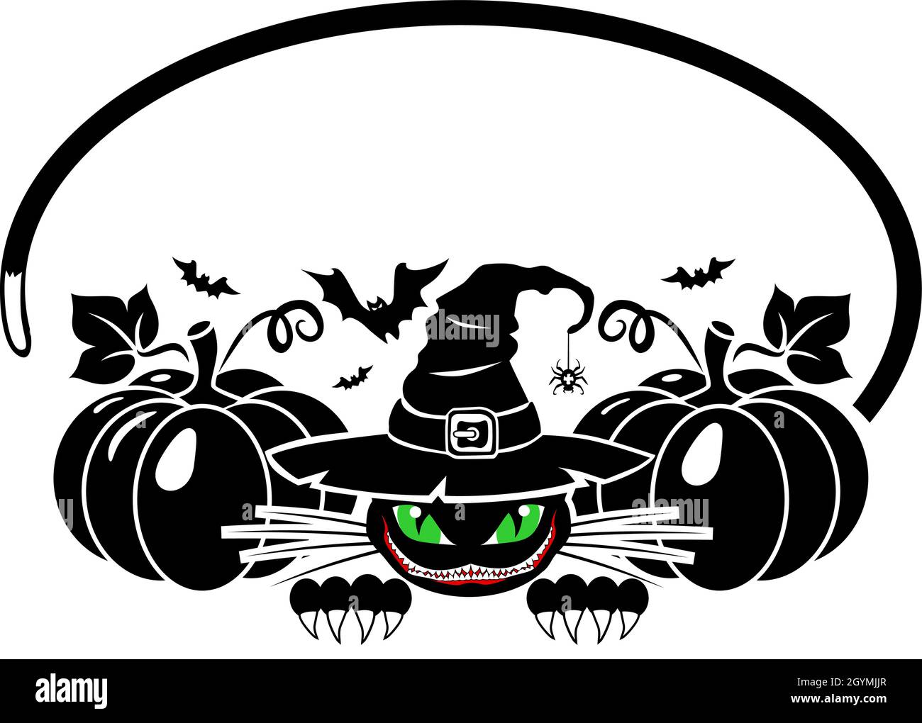 Le chat noir dans le chapeau de sorcière sourit et se cache parmi les citrouilles.Concept de carte de vœux, invitation pour Halloween.Vecteur sur fond transparent Illustration de Vecteur