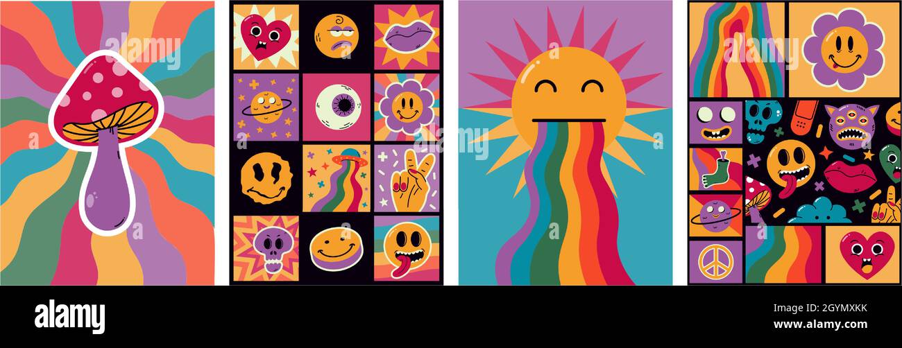 Bande dessinée abstraite drôle bandes dessinées surréalistes posters.Bande dessinée tendance rétro éléments, adorable Doodle emoji caractères vecteur illustration d'arrière-plan Illustration de Vecteur