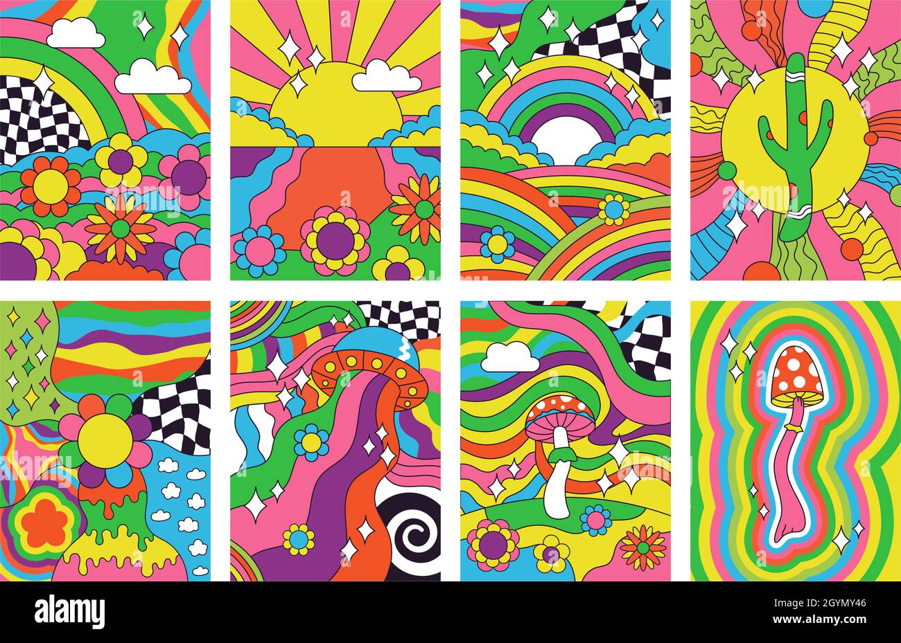 Groovy rétro vibes, les années 70 hippie style psychédélique art affiches.Résumé psychédélique hippie arc-en-ciel paysage 60s affiches vecteur illustration ensemble Illustration de Vecteur