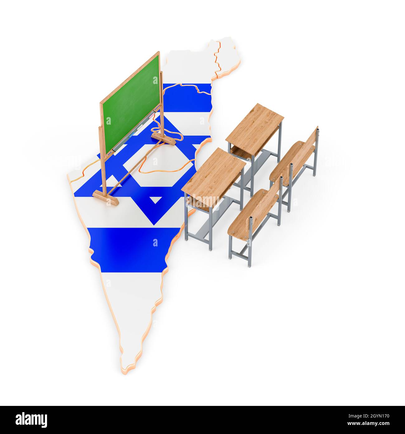 L'éducation en Israël, concept.Bureaux scolaires et tableau noir sur la carte d'Israël.Rendu 3D isolé sur fond blanc Banque D'Images