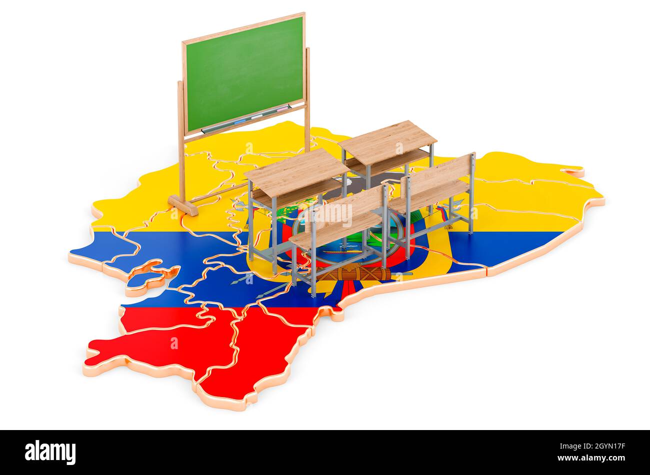 L'éducation en Équateur, concept.Bureaux scolaires et tableau noir sur la carte de l'Équateur.Rendu 3D isolé sur fond blanc Banque D'Images