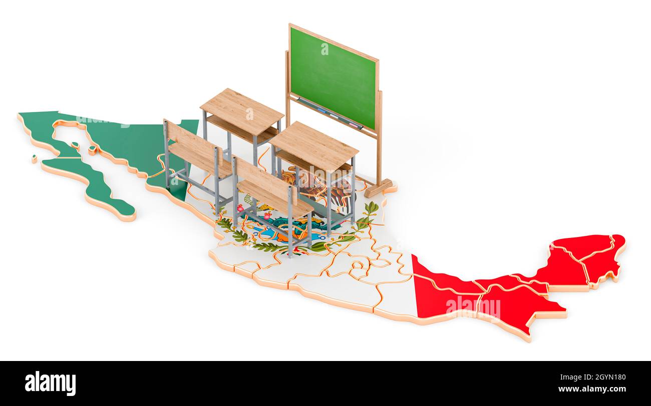 L'éducation au Mexique, concept.Bureaux scolaires et tableau noir sur la carte du Mexique.Rendu 3D isolé sur fond blanc Banque D'Images