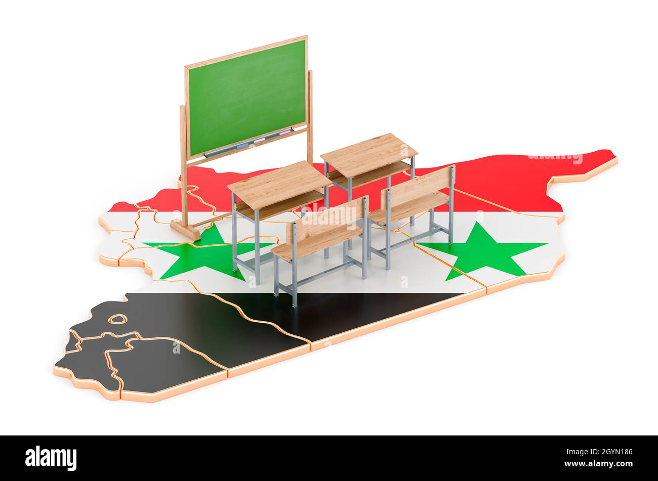 L'éducation en Syrie, concept.Bureaux scolaires et tableau noir sur la carte de la Syrie.Rendu 3D isolé sur fond blanc Banque D'Images