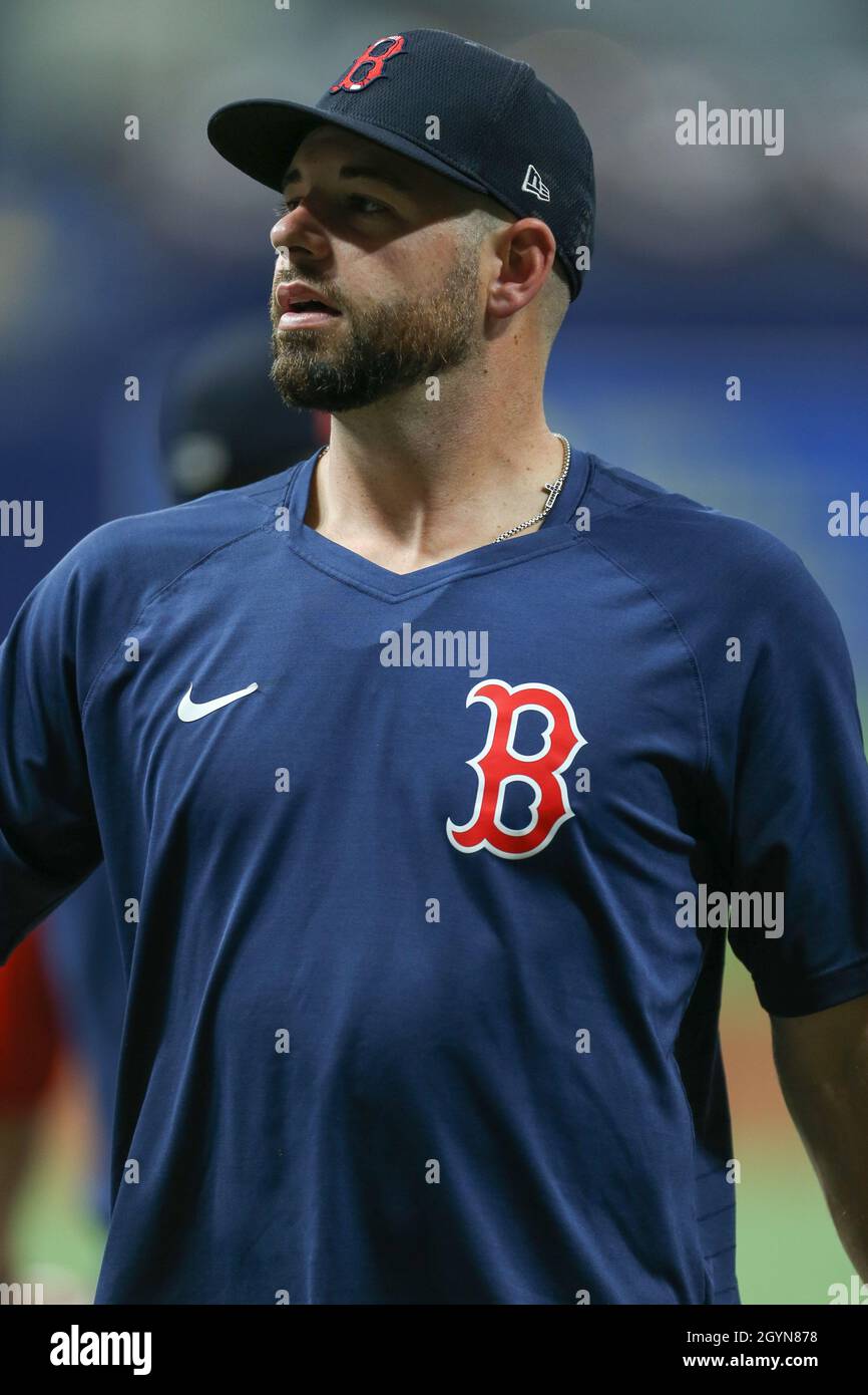 Saint-Pétersbourg, Floride.USA; Boston Red Sox Catcher Kevin Plawecki (25) à l'avant-match avant la série de division de la Ligue américaine au Tropicana Field Banque D'Images