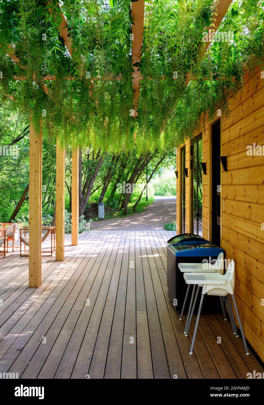 La verrière est surcultivée avec des plantes vertes, un bel aménagement paysager de l'extérieur du café.Décor moderne de la maison sur le toit et la cour.Aménagement paysager confortable avec bois Banque D'Images