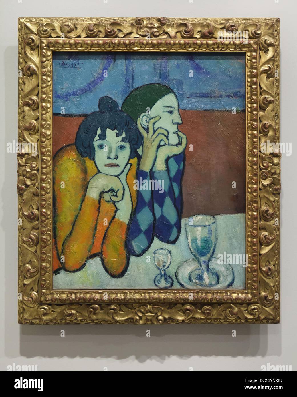 Peinture 'Harlequin et son compagnon' ('la Saltimbanque') de Pablo Picasso (1901) présentée à l'exposition 'les icônes de l'art moderne de la collection Morozov' de la Fondation Louis Vuitton à Paris, France.L'exposition se déroule jusqu'au 22 février 2022. Banque D'Images