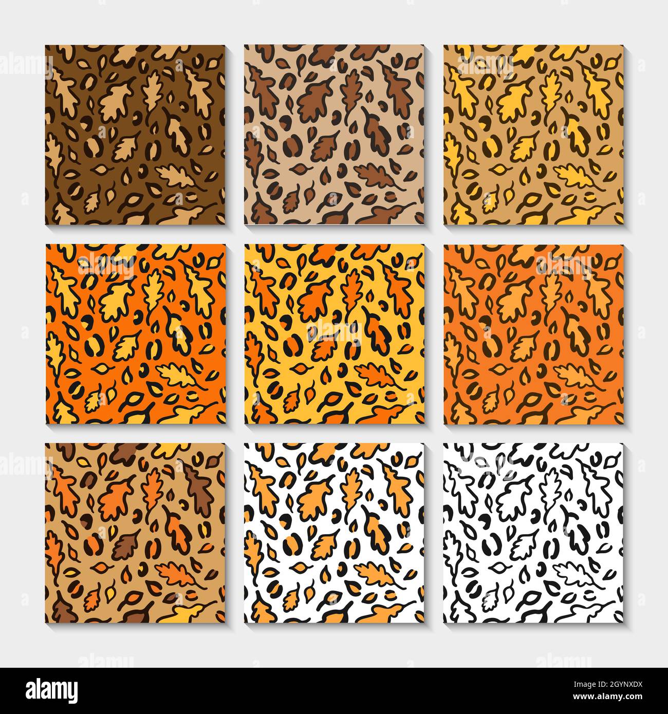 Motif léopard d'automne ou jaguar sans coutures en feuilles de chêne.Imprimé animal tendance aux couleurs de l'automne.Ensemble de fonds vectoriels pour tissu, textile, wal Illustration de Vecteur