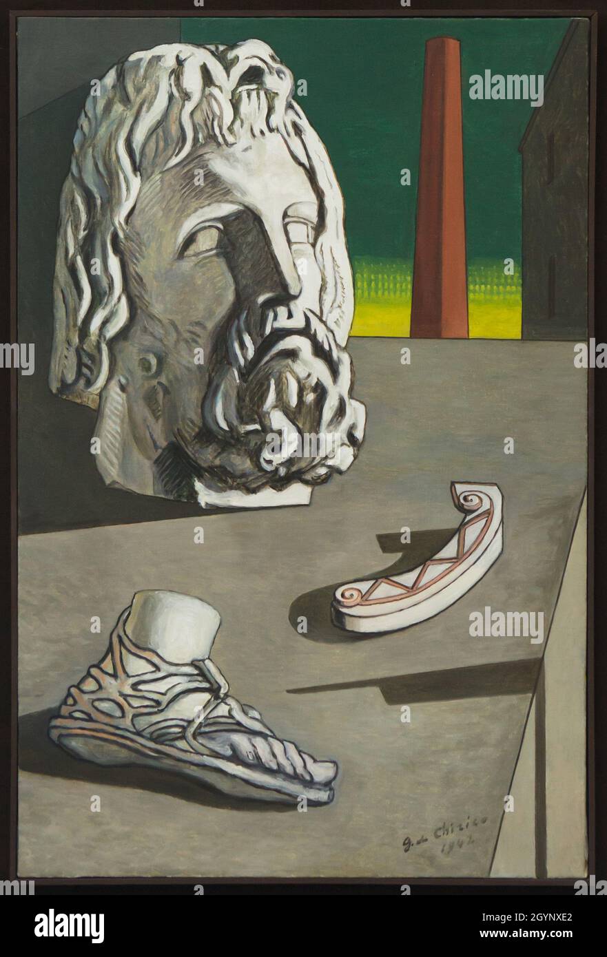 Peinture 'composition métaphysique avec la tête de Jupiter' du peintre moderniste italien Giorgio de Chirico (1970) exposé au Musée d'Art moderne (Musée d'Art moderne de Paris) à Paris, France. Banque D'Images