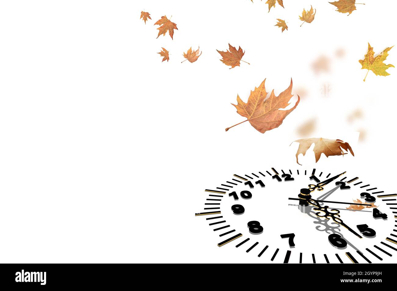 horloge temps tombant feuilles en automne arrière-plan isolé dans l'espace blanc pour votre texte Banque D'Images